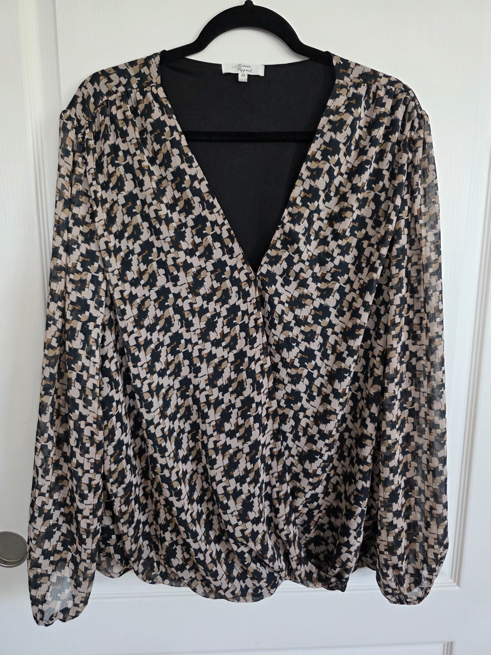 Express Black and Taupe Geometric Surplice Blouse